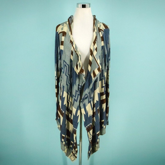 Tasha Polizzi Size Medium M Blue Open Draped Southwest Aztec Cardigan Sweater - Picture 1 of 4